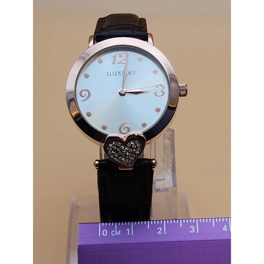 SEIKO ELLEN TRACY Watch Rose Gold Tone Deep Brown Alligator Band Heart CZ